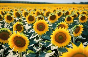 Beautiful view of a field of sunflowers close up