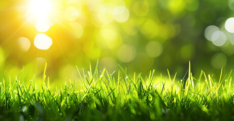 Vibrant green grass close-up background with dew, illuminated by soft sunlight, blurring into a bright natural background, showcasing the freshness of spring.