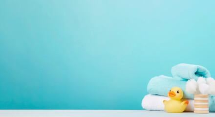banner. Baby cosmetic products, bath ducks, sponge and towels on light blue background. Space for text. mock-up