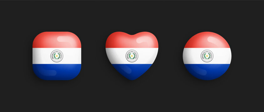 Paraguay Official National Flag 3D Vector Glossy Icons In Rounded Square, Heart And Circle Shapes Isolated On Black. Paraguayan Sign And Symbols Graphic Design Elements Volumetric Buttons Collection - Powered by Adobe