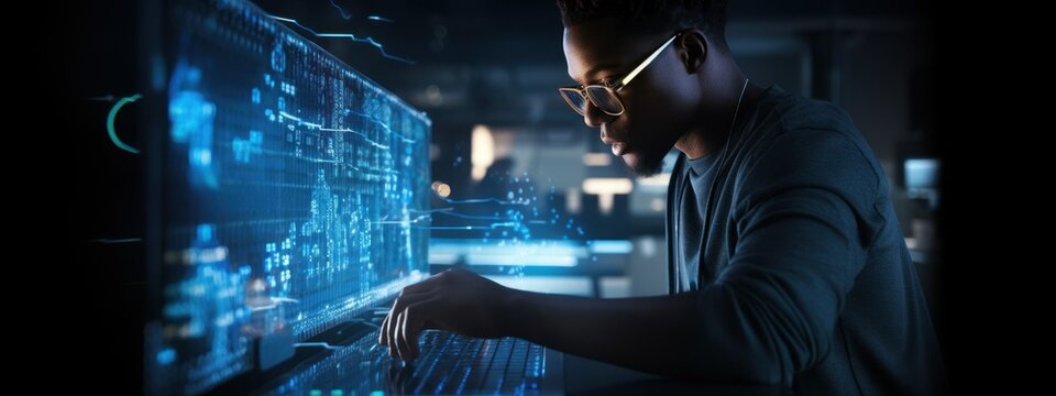 banner African american programmer working with hologram .Using holographic and new interface for cloud computing, code programming, dark light.concept of virtual reality, gamers, future. defocus