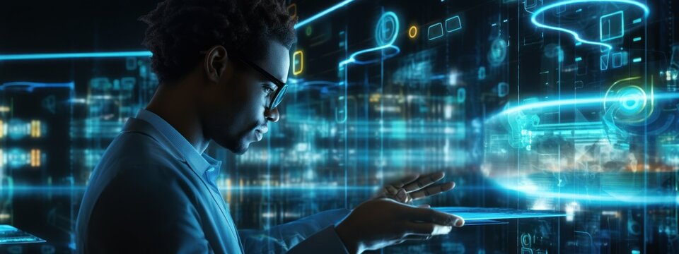 banner African american programmer working with hologram .Using holographic and new interface for cloud computing, code programming, dark light.concept of virtual reality, gamers, future. defocus