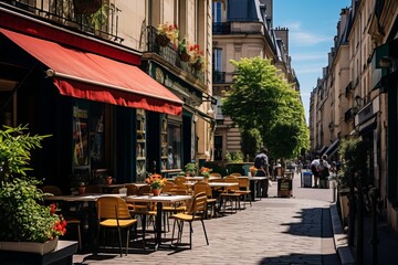 Cozy street with tables of cafe in quarter Montmartre in Paris, France. Landmarks of Paris