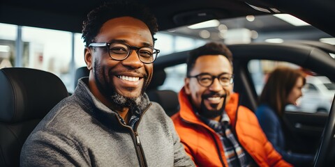 Mature Black man joyfully testdriving vehicle at auto showroom with salesperson. Concept Car Shopping, Test Drive Experience, Auto Showroom, Salesperson Interaction, Mature Black Man