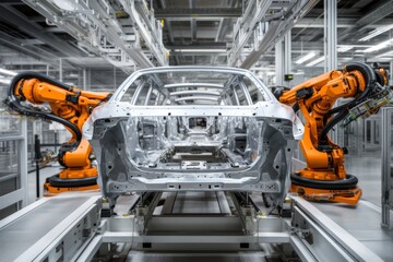 Fototapeta premium Automobile manufacturing assembly line on clean white background for industrial production concept