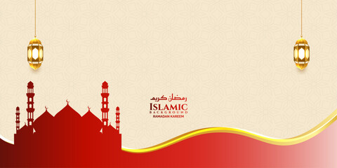 luxury red mosque golden islamic ramadan eid background banner with lantern 