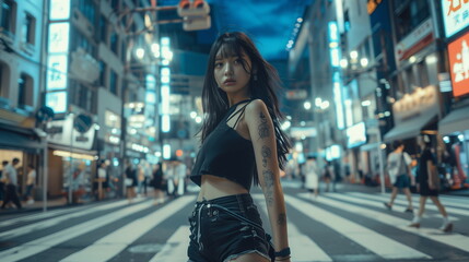 Naklejka premium ストリートファッションの日本人の若い女性