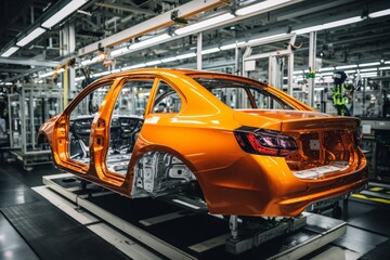 Car production line on white background, automobile manufacturing factory process