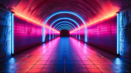 A futuristic tunnel illuminated by neon lights, creating a pathway through the intersection of modern design and technology