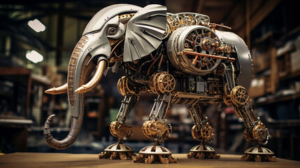 A detailed mechanical sculpture of an elephant made from various metallic components