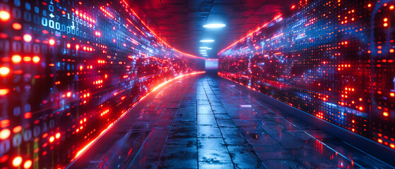 A futuristic tunnel bathed in neon light, guiding through a journey of modern design and imaginative spaces, where technology and architecture merge into a vision of tomorrow - obrazy, fototapety, plakaty