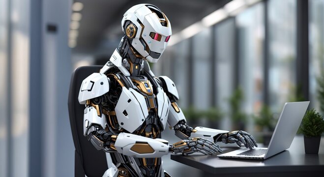 Humanoid robot working in laptop at office