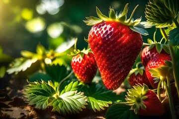 A flourishing Strawberry plant, featuring its vivid green leaves, ripe berries, and intricate tendrils, with dewdrops reflecting the morning light