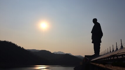 A view of 182-metre tall statue of Sardar Vallabhbhai Patel during sun rise
