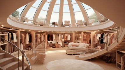 Contemporary beige dressing room interior design in a modern shopping mall with spacious layout