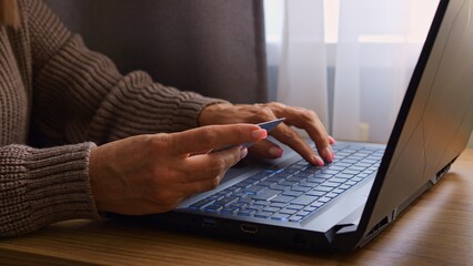 The woman efficiently completes her online purchase, navigating the payment process with her credit...