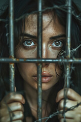 Naklejka premium Intense Gaze Behind Bars. Close-up portrait of sad young woman prisoner gripping steel lattice, haunting stare.