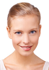 Obraz premium Portrait, beauty and woman biting lip in studio isolated on white background for natural confidence. Face, skincare and makeup with young feminine person closeup at salon for cosmetics or dermatology