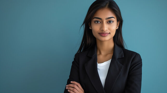 Business Brilliance: South Asian Female Business Leader Isolated on Solid Background with Ample Copy Space