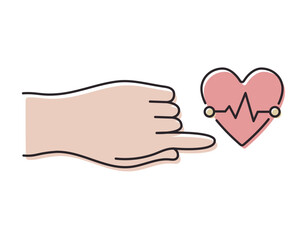 Vector isolated medical line icon, human hand touching heart symbol with cardiogram.