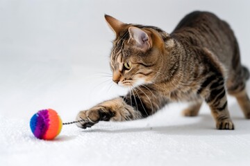 Curious tabby cat pawing at a vibrant toy ball on a white background