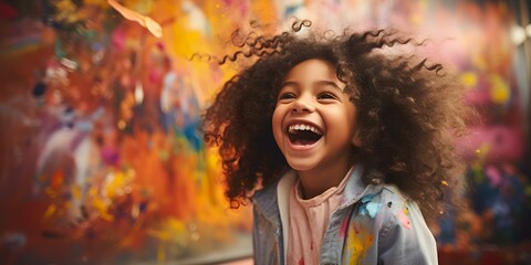 Child giggles joyfully while creating artwork on a blank canvas. Concept Creativity, Art, Children, Joyful, Laughter