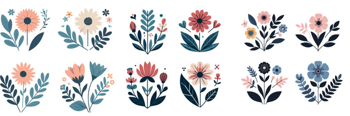 Vector set of flowers with a simple flat design style - obrazy, fototapety, plakaty