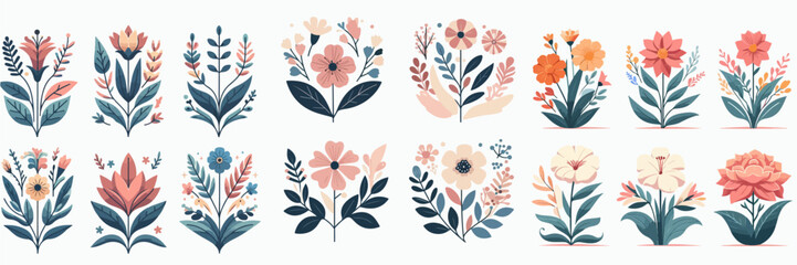 Vector set of flowers with a simple flat design style - obrazy, fototapety, plakaty
