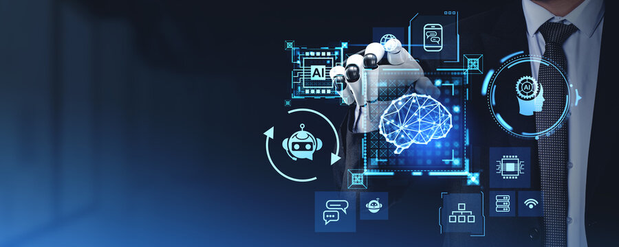 Robot finger touch AI icons hologram, smart technology and machine learning - Powered by Adobe