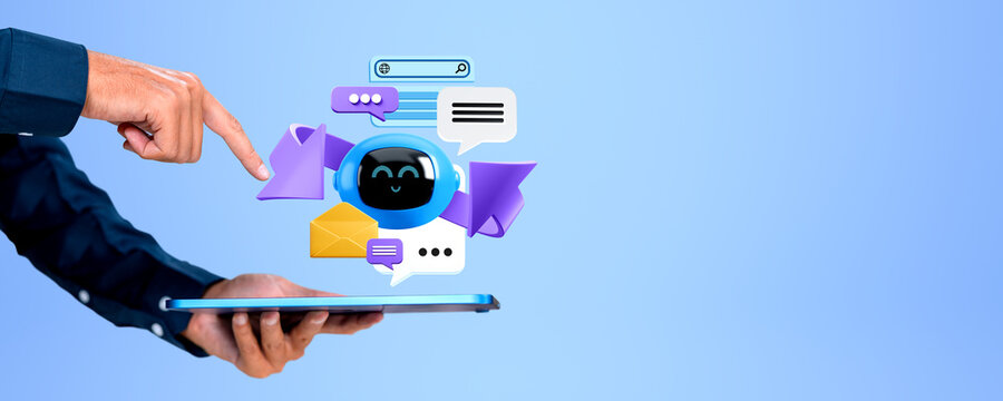 Man hands with tablet and AI chat bot