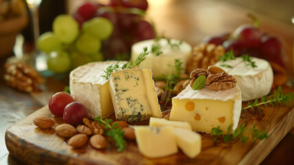 An exquisite cheese board featuring an assortment of fine cheeses, garnished with fresh herbs, nuts, and grapes, perfect for elegant entertaining.