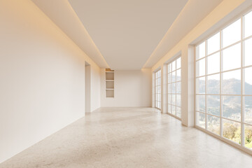 Fototapeta premium Beige hotel bathroom interior with panoramic window on countryside, no furniture