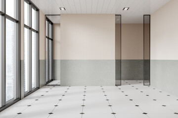Stylish hotel bathroom interior with panoramic window, no furniture