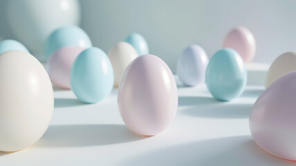 A serene arrangement of pastel-colored eggs on a white backdrop, symbolizing rebirth and new beginnings associated with the spring season.