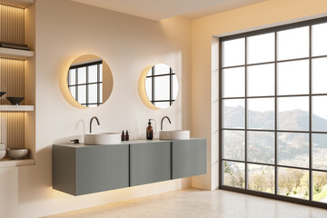 Modern home bathroom interior with double sink and vanity, panoramic window