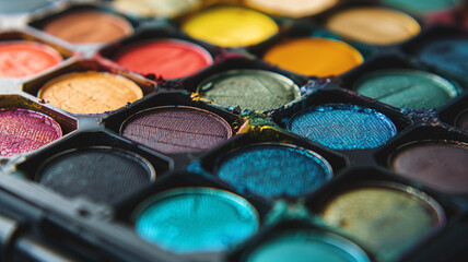 Obraz na płótnie Canvas Close-up view of a colorful eyeshadow palette showcasing a variety of vibrant shades and textures
