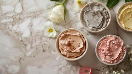 A top-down view of natural clay masks in soft pastel hues, accompanied by fresh spring flowers, presenting an organic spa experience.