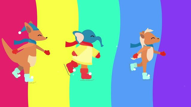 2D cartoon horse, elephant, kangaroo, giraffe, character dancing colorful rainbow background cartoon style HD