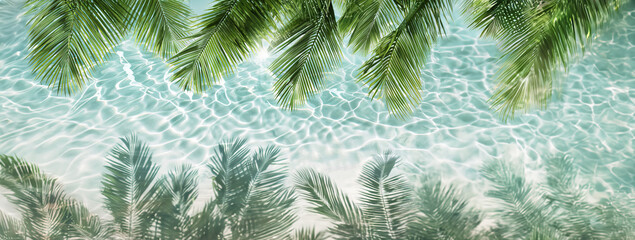 Shade of lush palm leaves in crystal clear water. Tropical vibes. Travel agency banner - 744505924