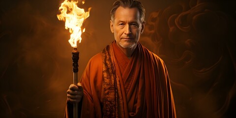 Man in robe with staff backlit by glowing bush flames. Concept Fantasy Photography, Fire Element, Wizard Portrait, Magical Theme
