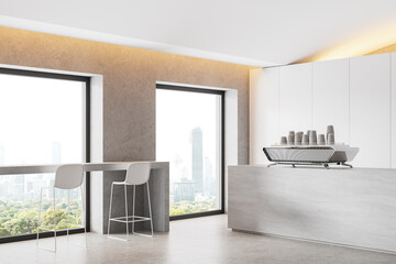 Modern bar interior with island and dining table near panoramic window