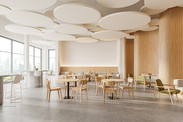 White and wooden cafe corner with sofas