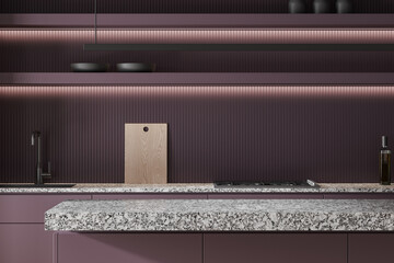 Stone countertop in purple kitchen interior