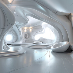 A futuristic 3D room with abstract elements, a space odyssey waiting to unfold, portraying the allure of modern design