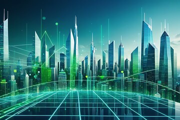 Futuristic city with high-rise buildings and digital interface.