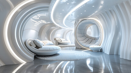 A futuristic 3D room with abstract elements, a space odyssey waiting to unfold, portraying the allure of modern design