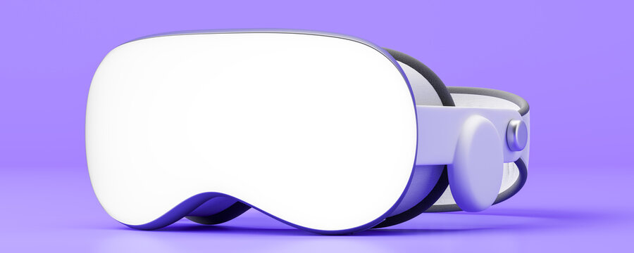 Mock up cartoon vr glasses headset side view on purple background