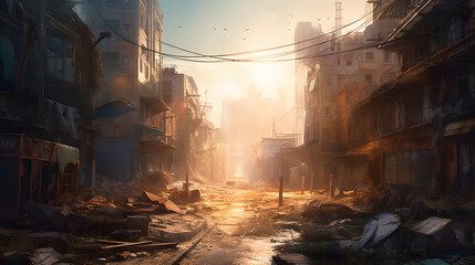  a wrecked city is lit by the sun