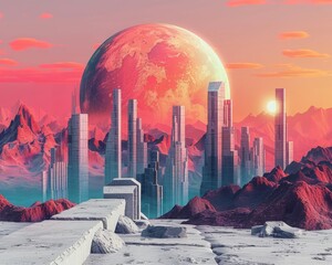 Futuristic Cityscape with Oversized Moon at Dusk A futuristic city with reflective skyscrapers set against an oversized moon and a dusk-hued mountainous landscape.
