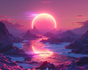 Eclipse Over an Icy Extraterrestrial Landscape A breathtaking eclipse looms over a frozen landscape with pink hues reflecting off the icy surface.
